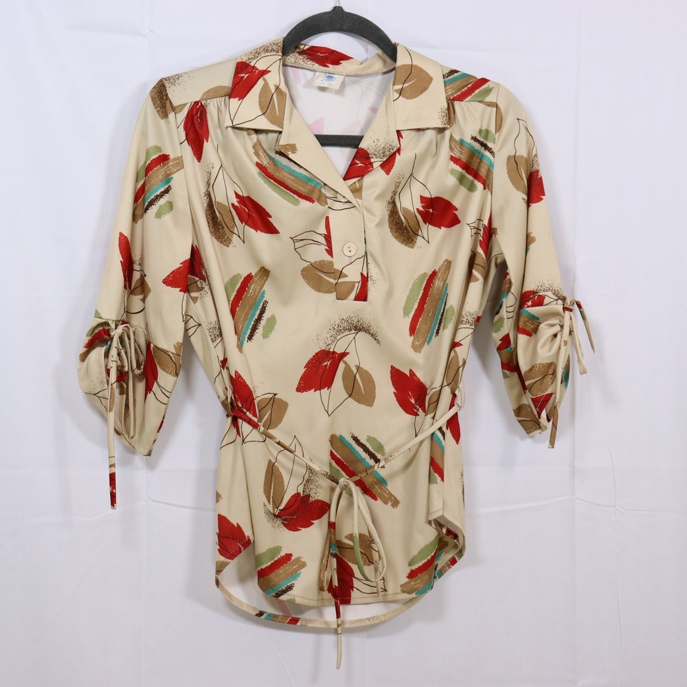 Unbranded Vintage Blouse Small Tan Womens Abstract Floral Retro Top